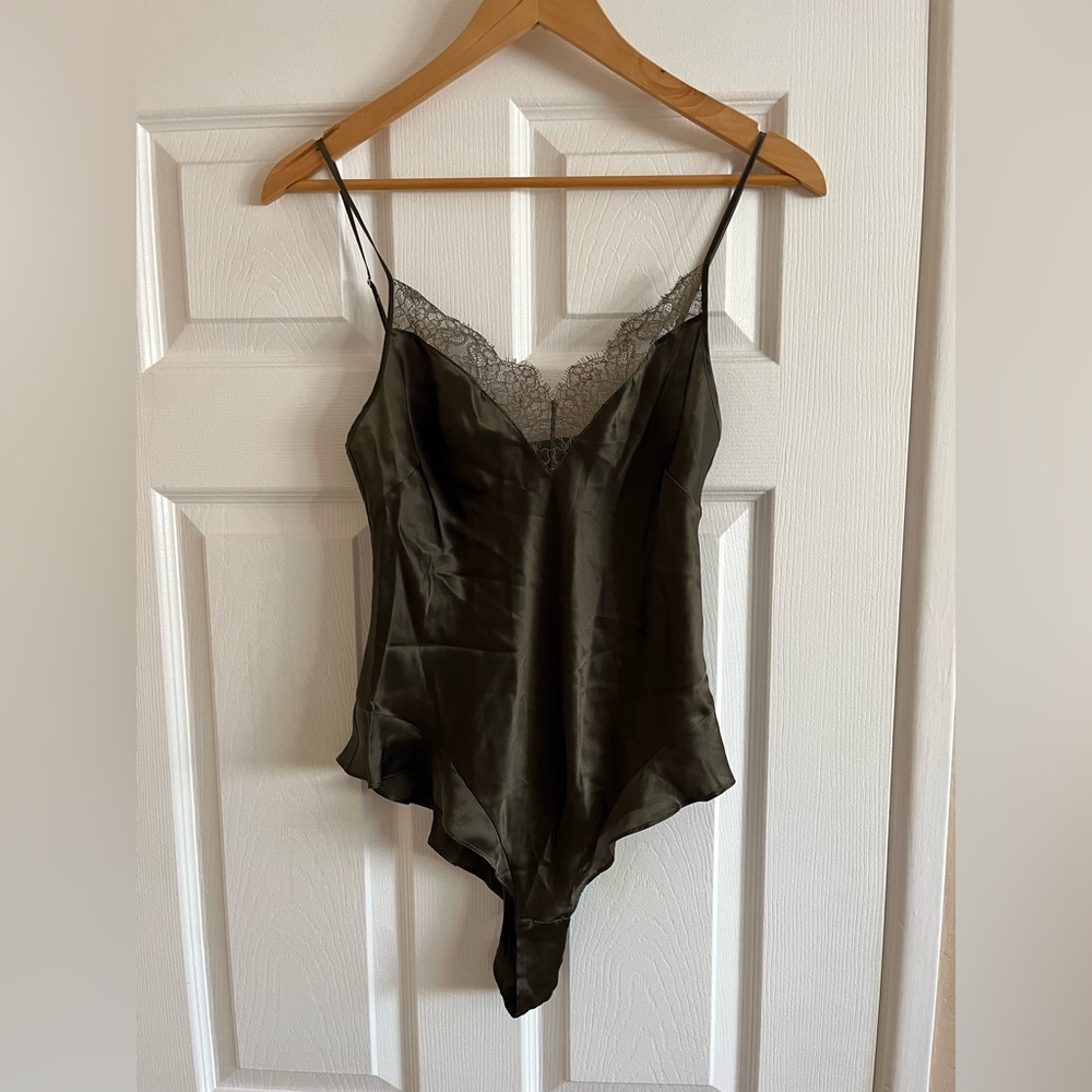 Maison Close designer silk lace bodysuit dark olive green NWOT medium